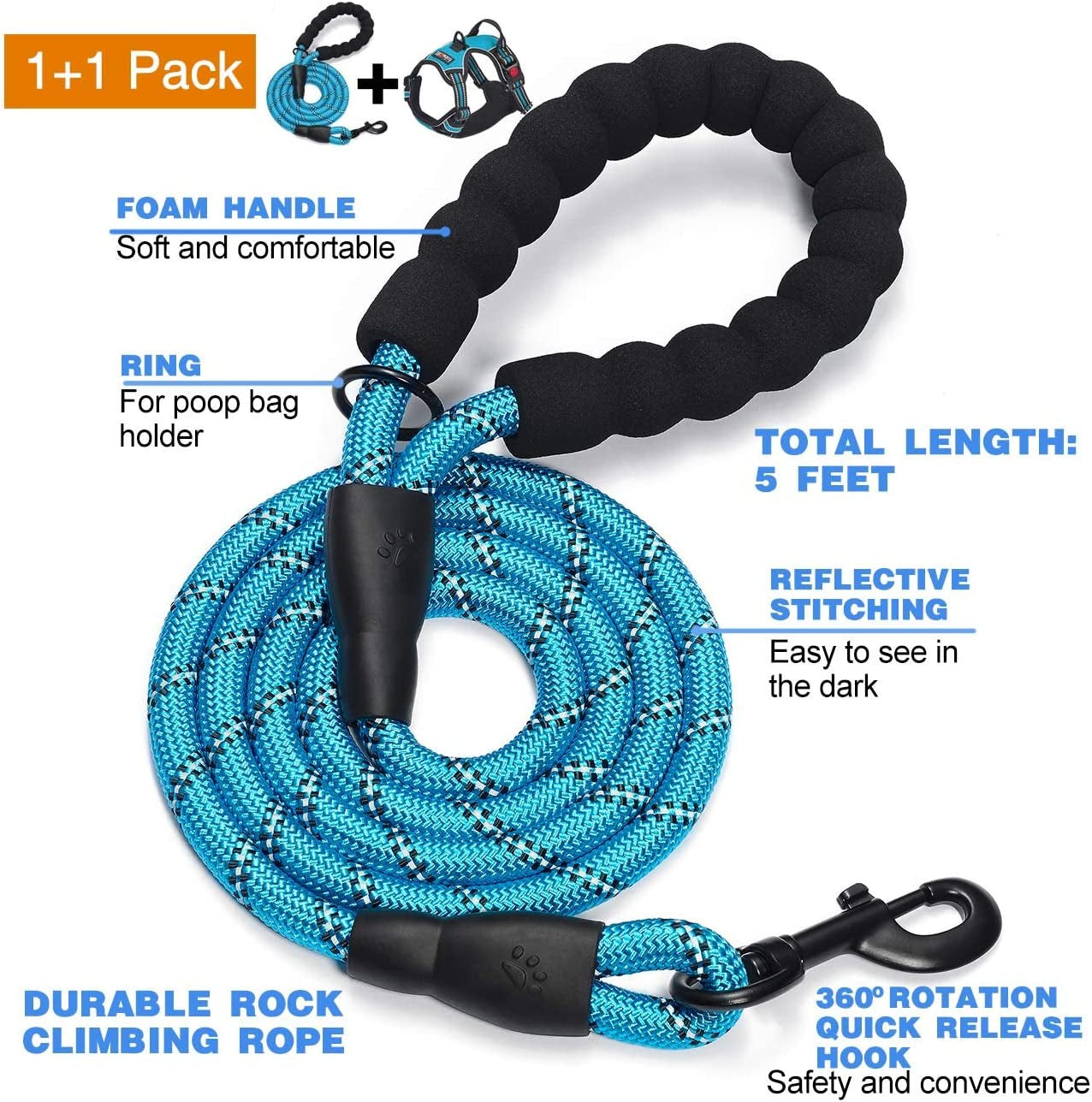 No Pull Dog Harness Adjustable Reflective Oxford Easy Control Medium Large Dog Harness with a Free Heavy Duty 5Ft Dog Leash, Blue, L