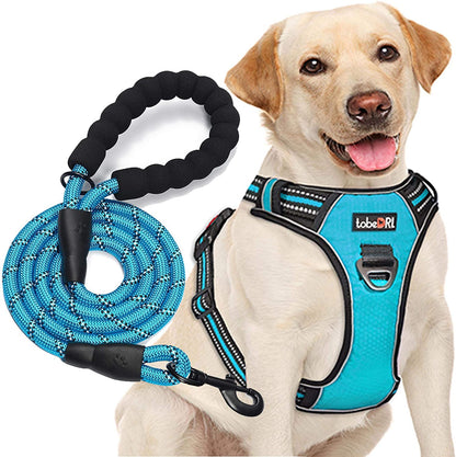No Pull Dog Harness Adjustable Reflective Oxford Easy Control Medium Large Dog Harness with a Free Heavy Duty 5Ft Dog Leash, Blue, L